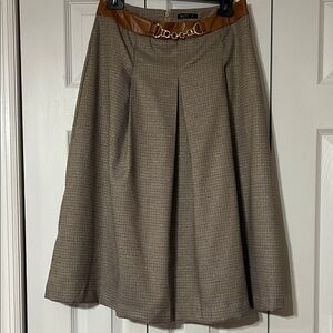 MOTF Tan Houndstooth A-Line Skirt Faux Leather Waistband Gold Chain Belt